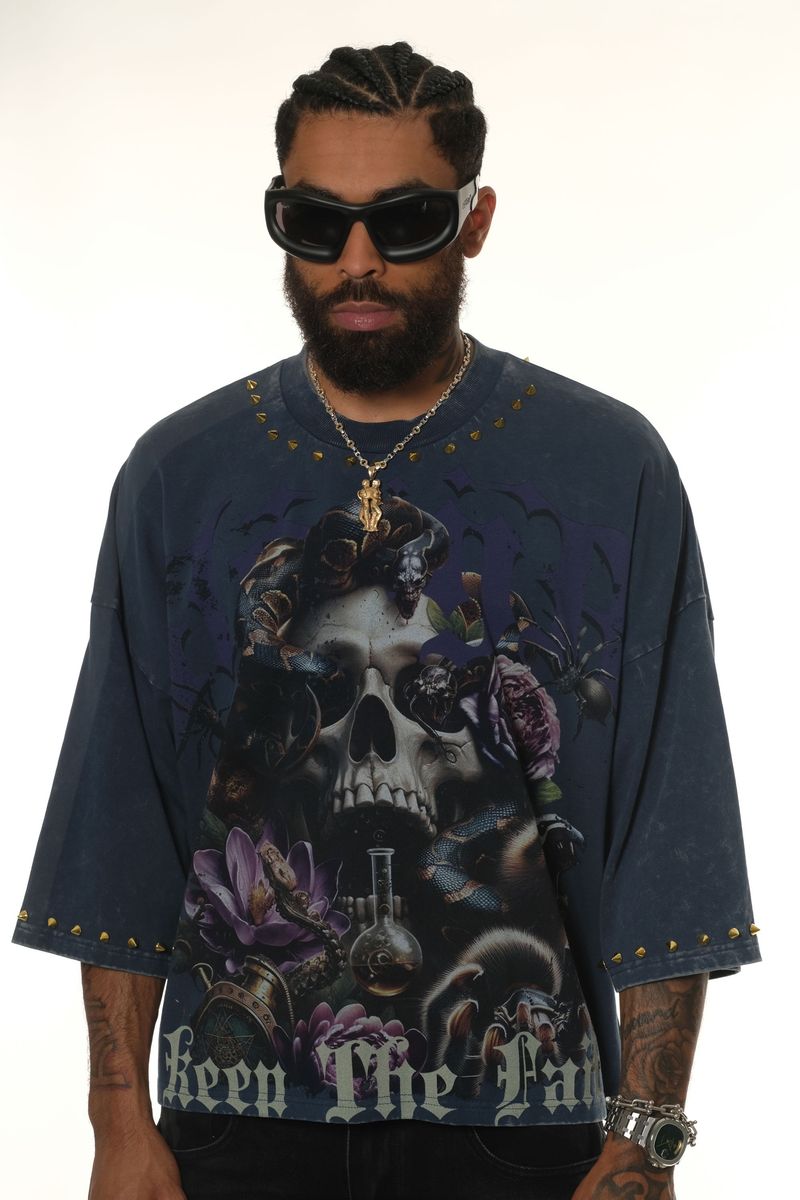 Stray wide & crop fit w/ 3/4 sleeve tshirt (ST1368-NVY)