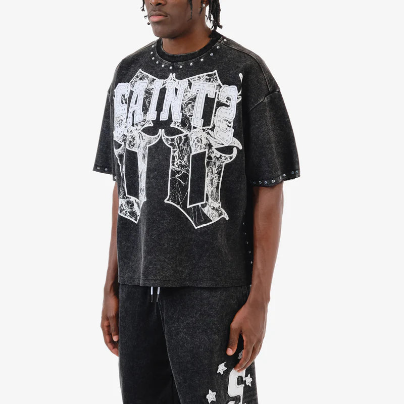 BLACK SAINTS W/ RHINESTONES CROP T-SHIRT 611014