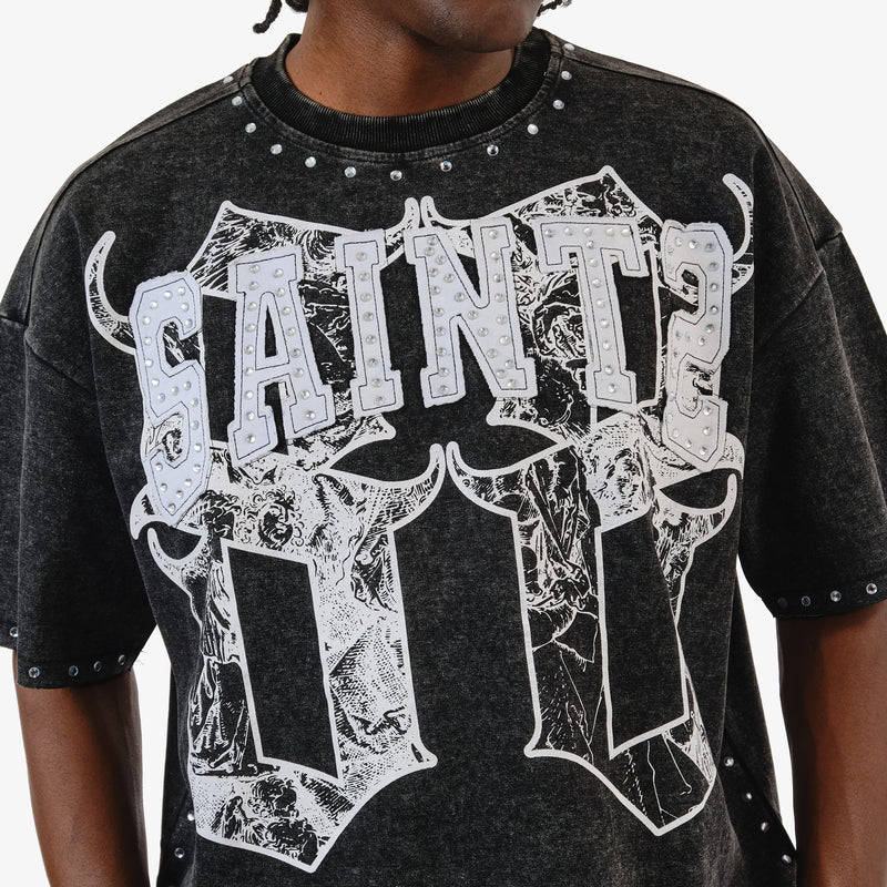 BLACK SAINTS W/ RHINESTONES CROP T-SHIRT 611014