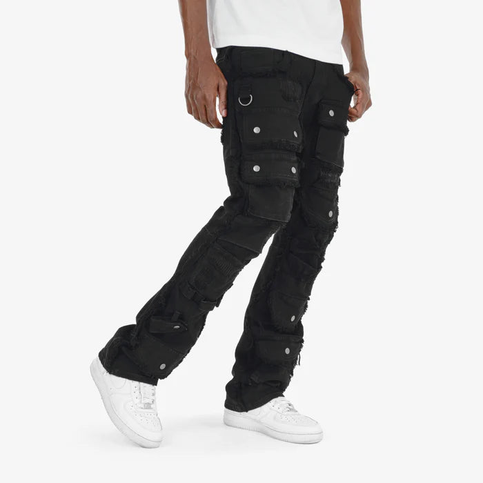 Black multi cargo stacked denims