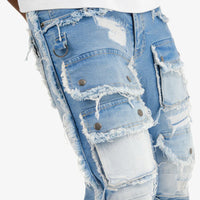Light blue multi cargo stacked denim