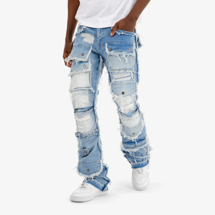 Light blue multi cargo stacked denim