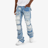 Light blue multi cargo stacked denim