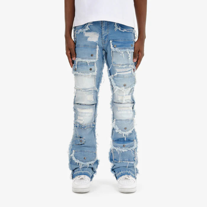 Light blue multi cargo stacked denim