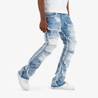 Light blue multi cargo stacked denim