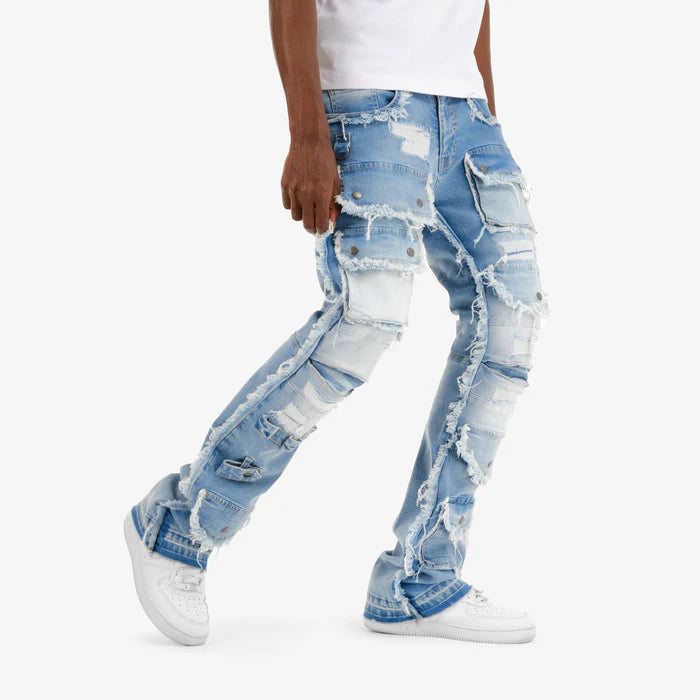 Light blue multi cargo stacked denim