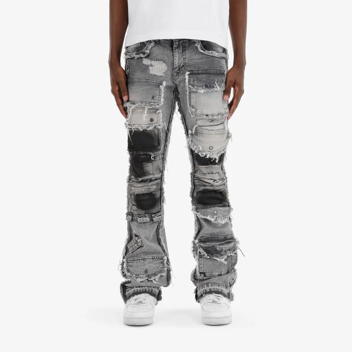GRAY MULTI CARGO STACKED DENIMS