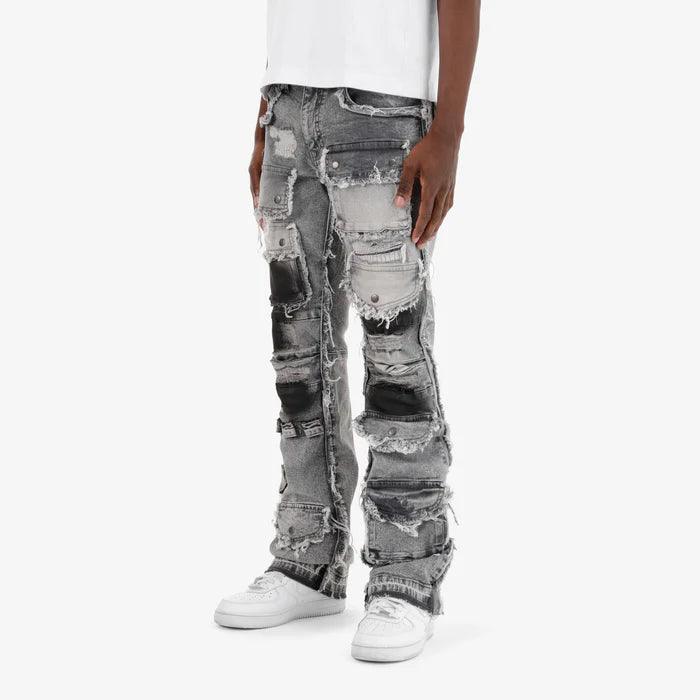 GRAY MULTI CARGO STACKED DENIMS