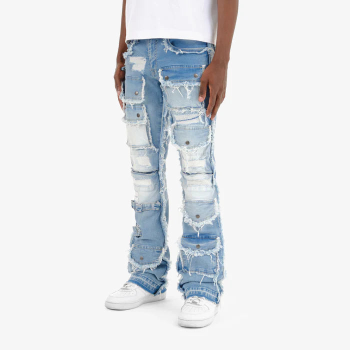 Light blue multi cargo stacked denim