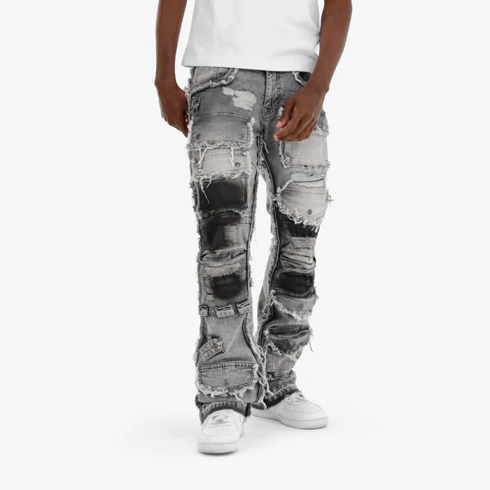 GRAY MULTI CARGO STACKED DENIMS