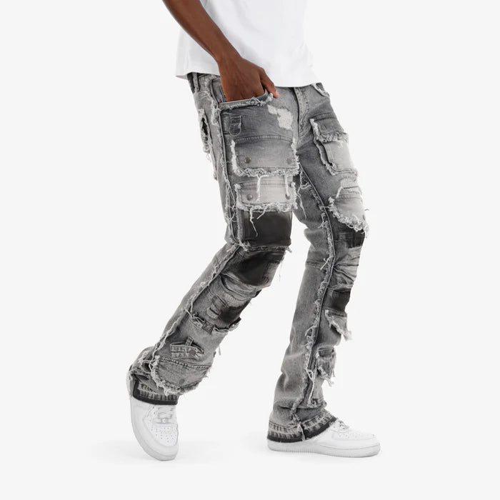 GRAY MULTI CARGO STACKED DENIMS