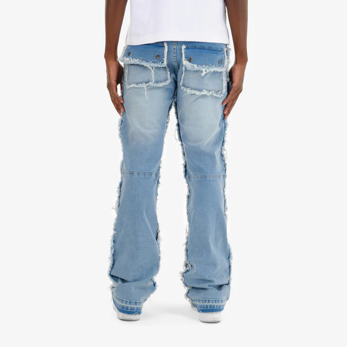 Light blue multi cargo stacked denim