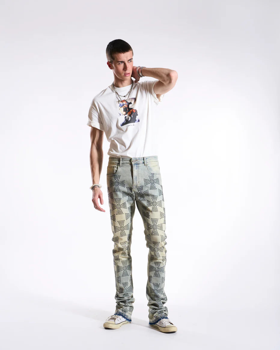 Waimea Men's Roman Cross Rhinestone Stacked Jeans M8443D