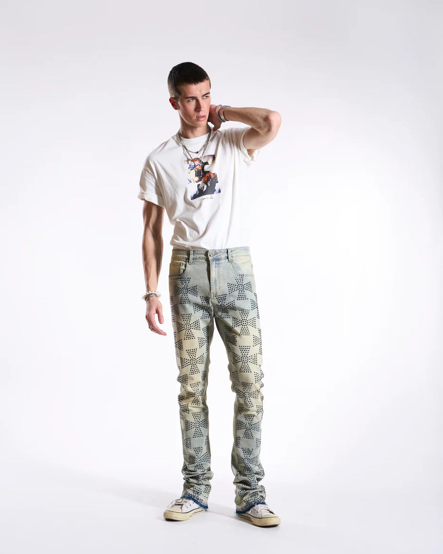 Waimea Men's Roman Cross Rhinestone Stacked Jeans M8443D