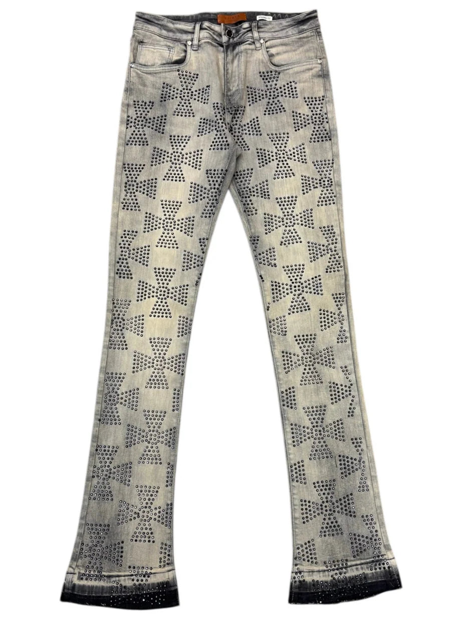 Waimea Men's Roman Cross Rhinestone Stacked Jeans M8443D