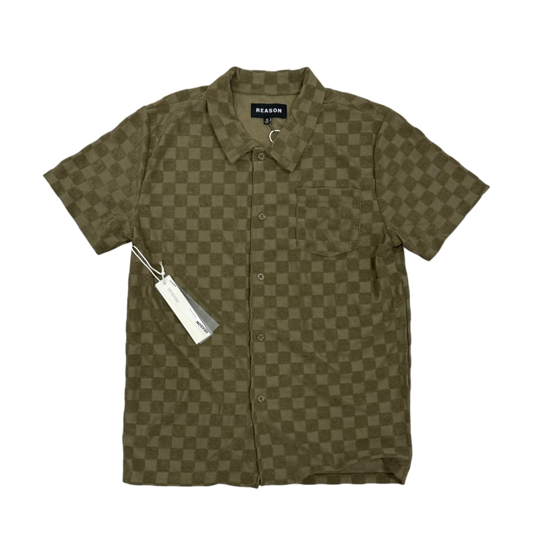 Checkerboard Towel Color Blocked Short Sleeve Button Down Shirt OLIVE RSP-040