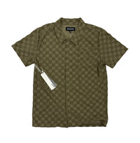 Checkerboard Towel Color Blocked Short Sleeve Button Down Shirt OLIVE RSP-040