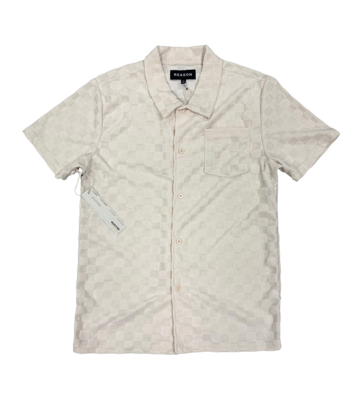 Checkerboard Towel Color Blocked Short Sleeve Button Down Shirt CREAM RSP-040 CREAM
