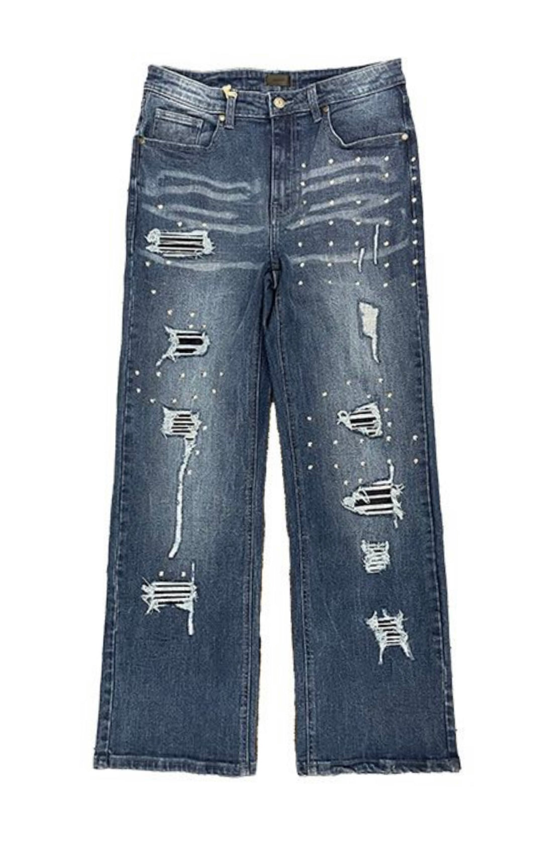 Studded Distress Denim Pants - Blue