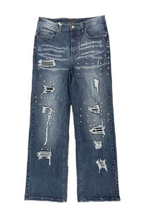 Studded Distress Denim Pants - Blue