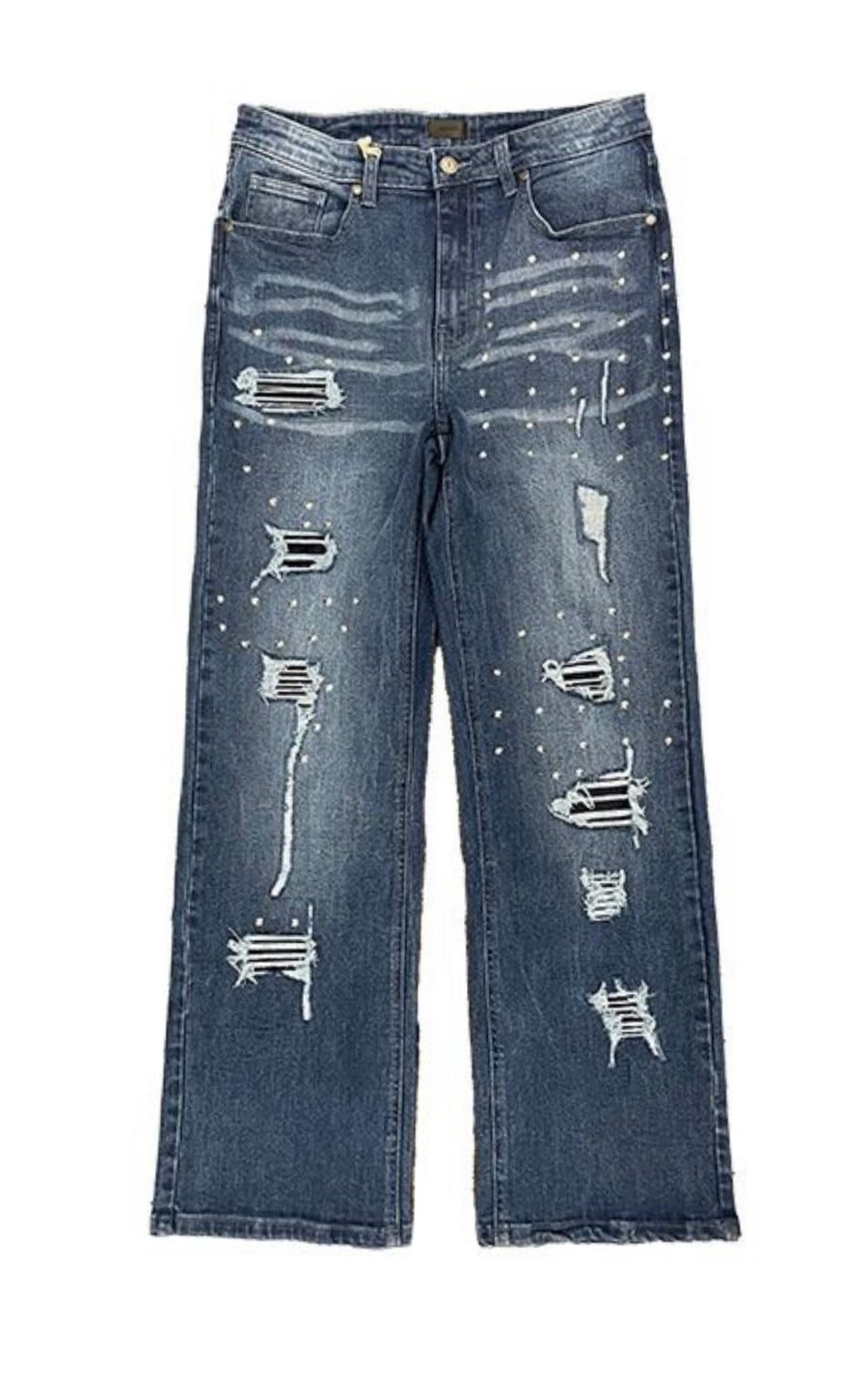 Studded Distress Denim Pants - Blue