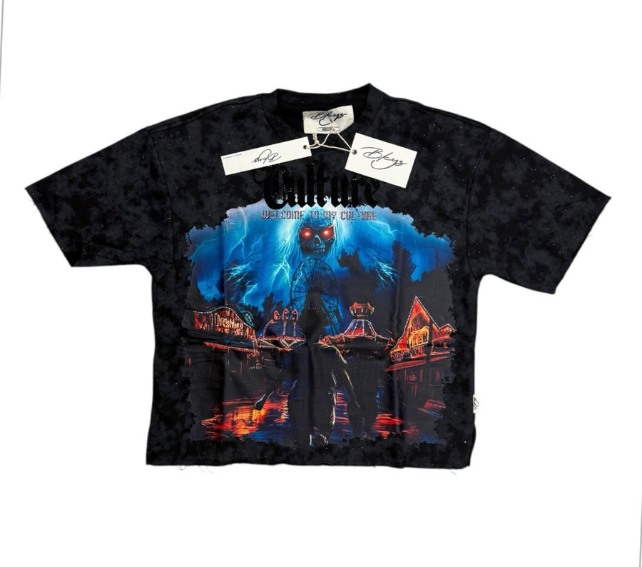 "CULTURE" Cropped T-Shirt Black Washed T1353