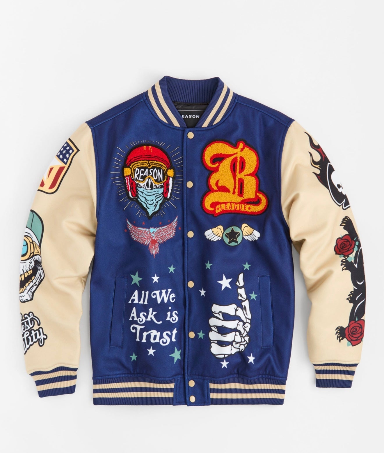 Born Free Chenille Patched Varsity Jacket - Navy