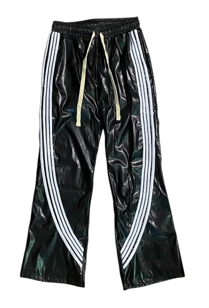 Leather STRIPED BAGGY PANTS (Black)
