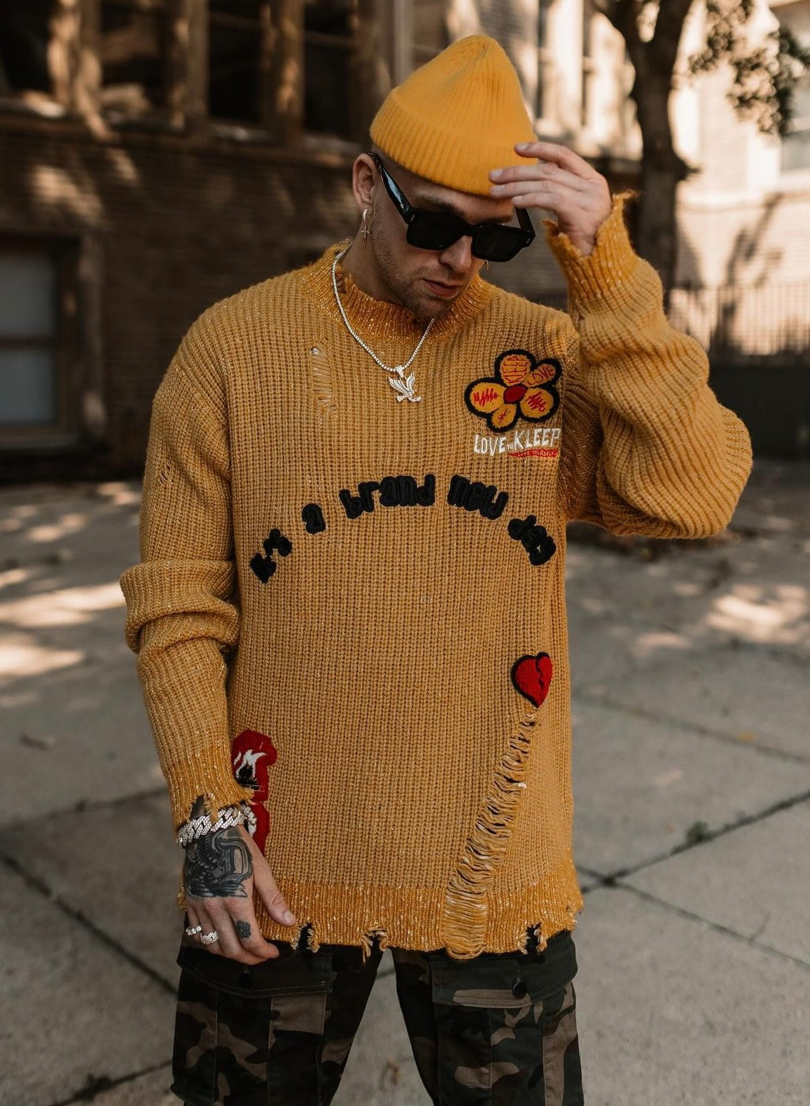 KIWI Heavy Gauge Ripped Knit Sweater with patches | upstairs