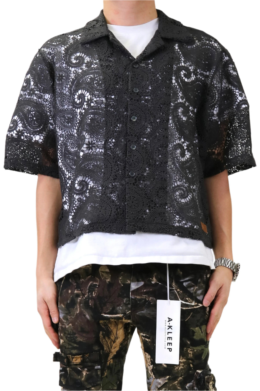 ELUX Paisley Mesh Crop Top Short Sleeve Buttondown Shirt Ksw-3200