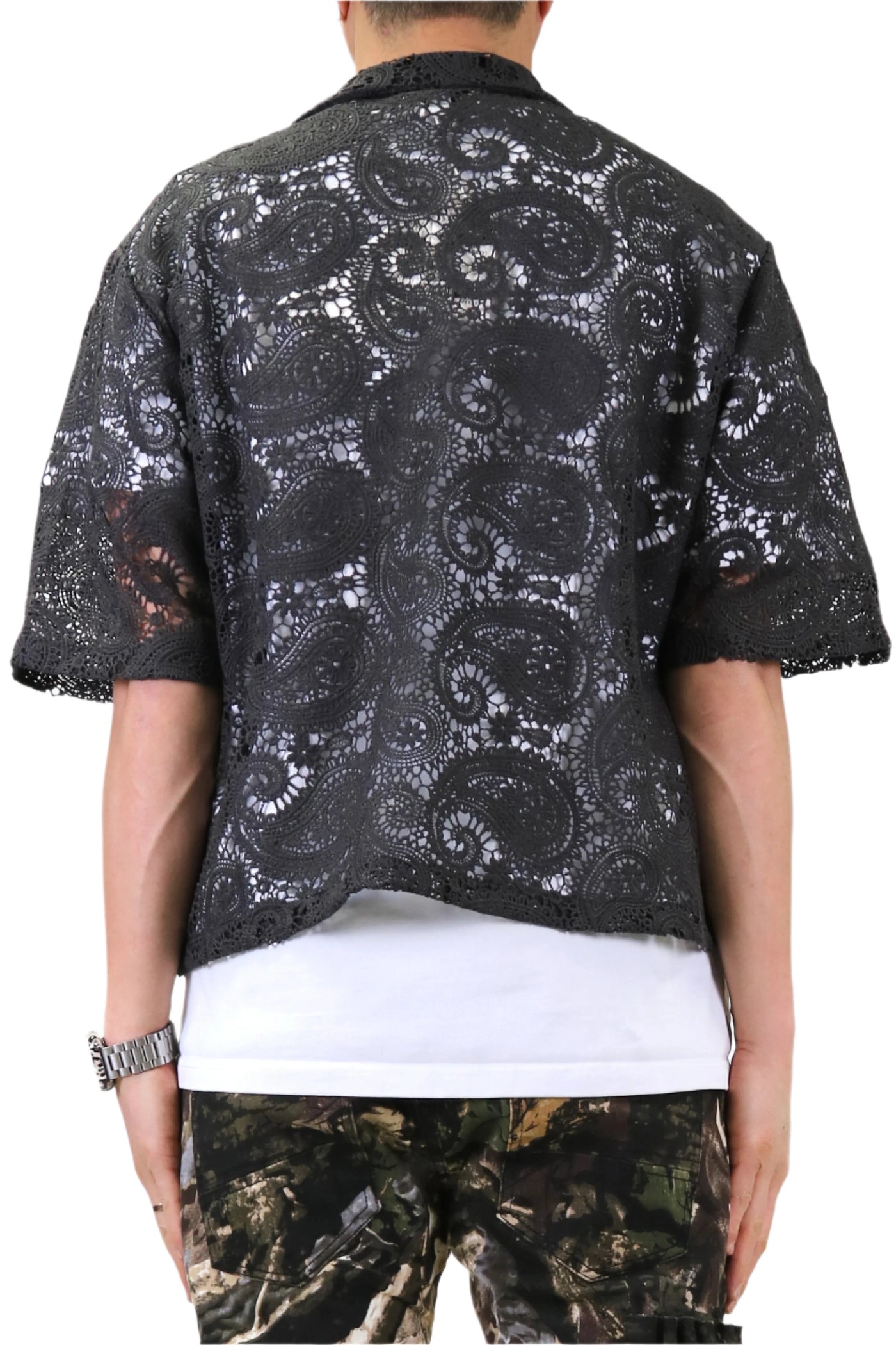 ELUX Paisley Mesh Crop Top Short Sleeve Buttondown Shirt Ksw-3200