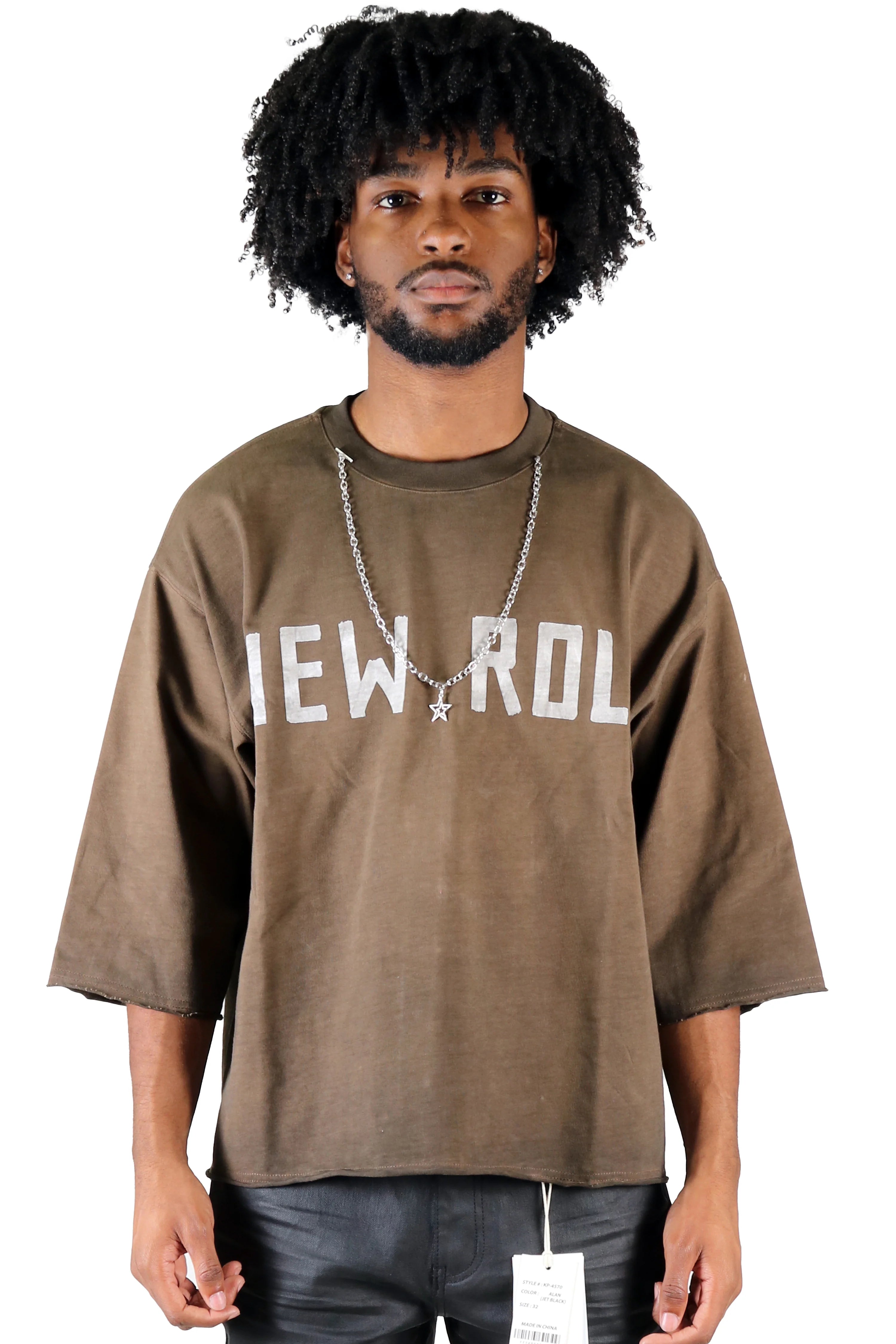 ELLE S/N Jersey 3/4 Sleeve Crop Top Tee with Detachable Necklace kt-1960