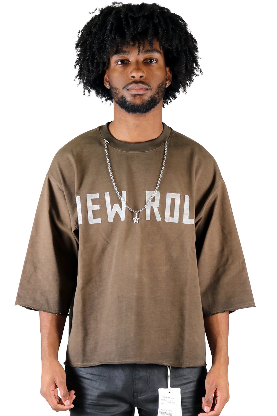 ELLE S/N Jersey 3/4 Sleeve Crop Top Tee with Detachable Necklace kt-1960