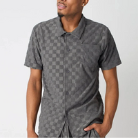 Checkerboard Towel Color Blocked Short Sleeve Button Down Shirt - Grey RSP-040