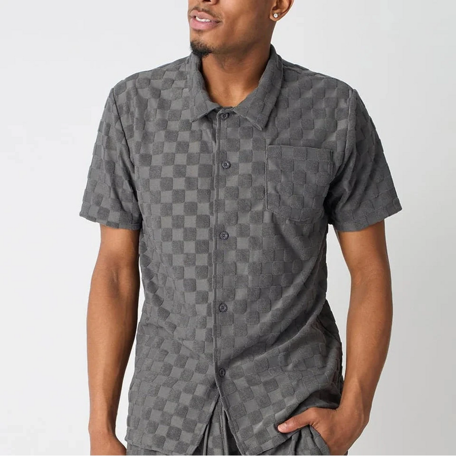 Checkerboard Towel Color Blocked Short Sleeve Button Down Shirt - Grey RSP-040