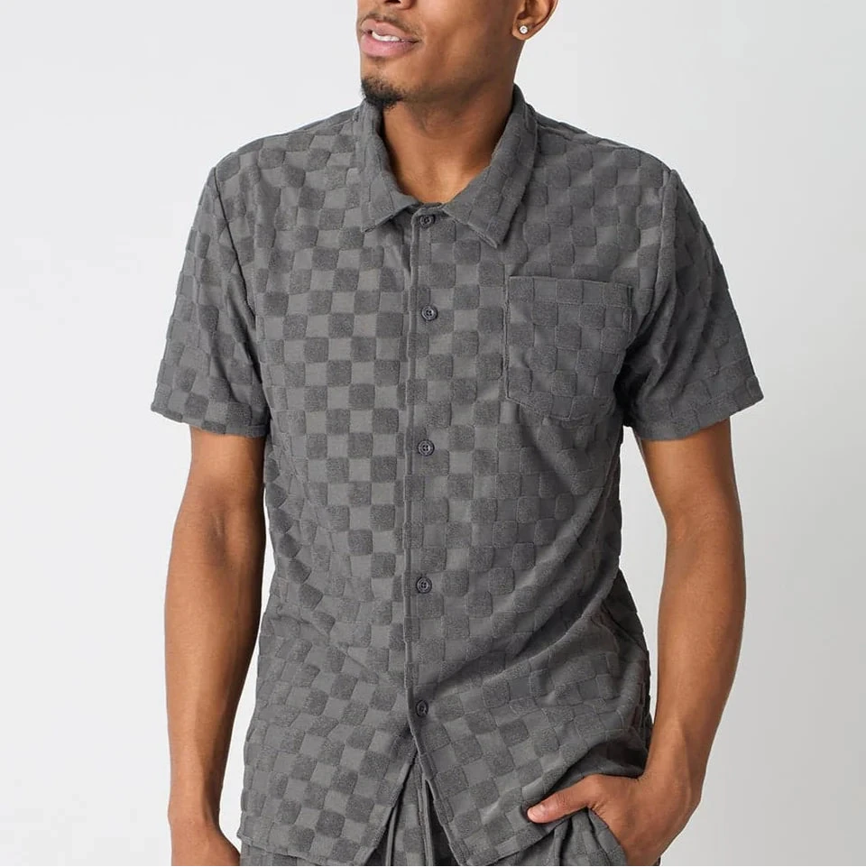 Checkerboard Towel Color Blocked Short Sleeve Button Down Shirt - Grey RSP-040