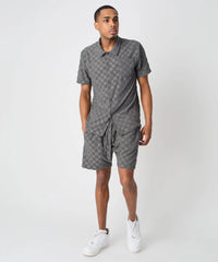 Checkerboard Towel Color Blocked Short Sleeve Button Down Shirt - Grey RSP-040
