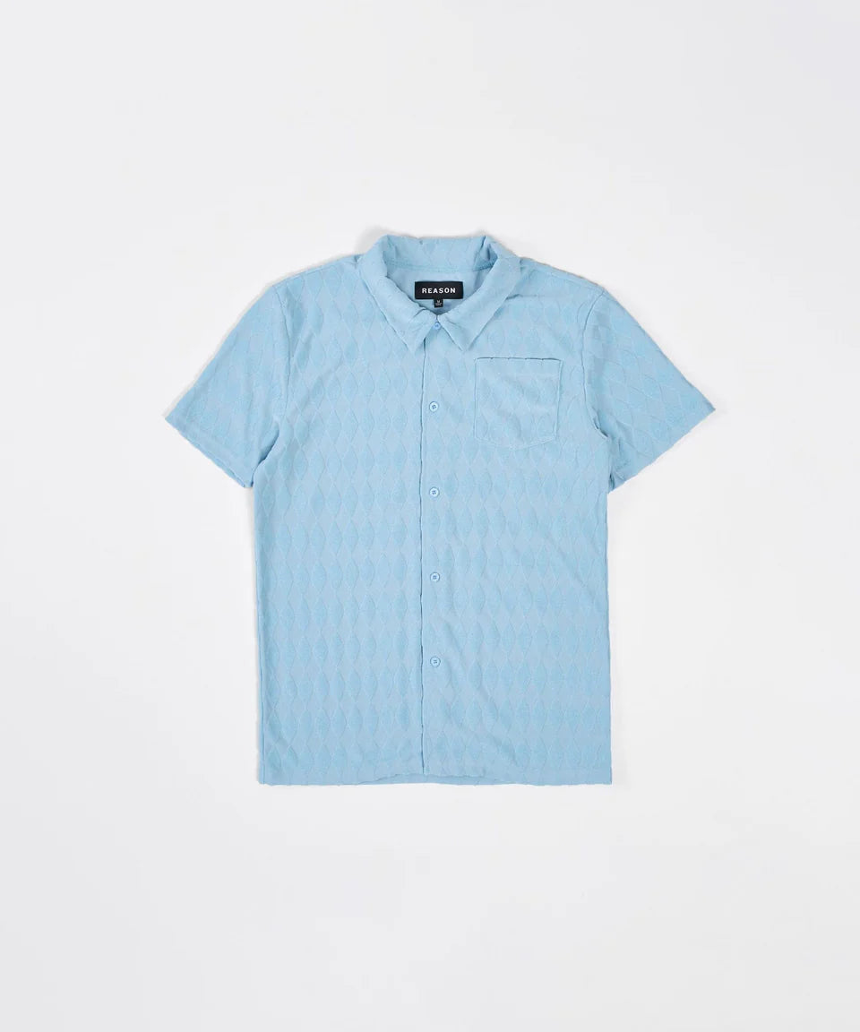 Diamond Plate Towel Color Blocked Short Sleeve Button Down Shirt - Light Blue RSP-038