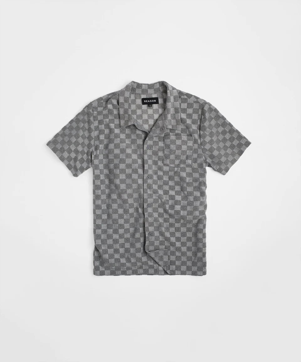 Checkerboard Towel Color Blocked Short Sleeve Button Down Shirt - Grey RSP-040