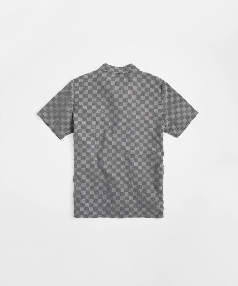 Checkerboard Towel Color Blocked Short Sleeve Button Down Shirt - Grey RSP-040