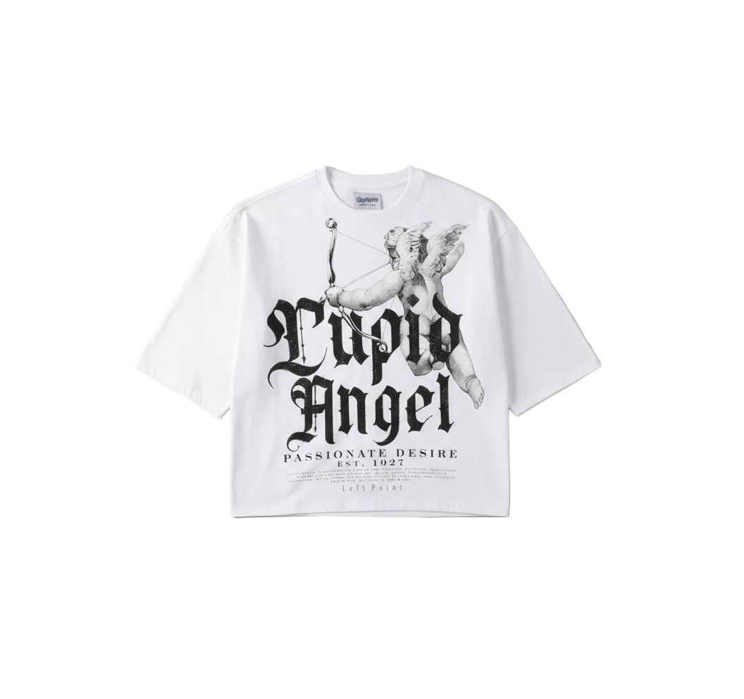 Man wearing a white t-shirt with graphic design and text on a white background