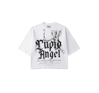 Man wearing a white t-shirt with graphic design and text on a white background