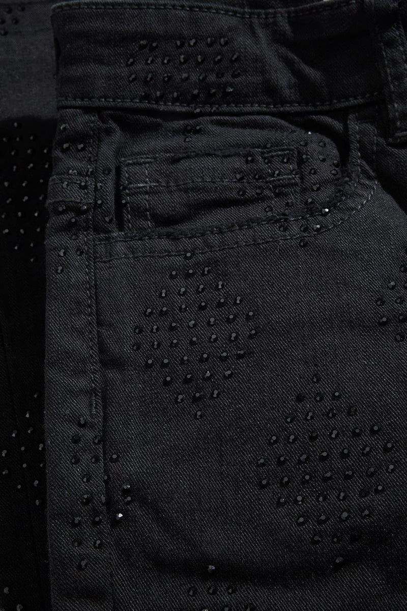 Liquid Crystal 'Diamond Crystal' Stacked Rhinestone Denim (Jet Black  ) JTF2317A