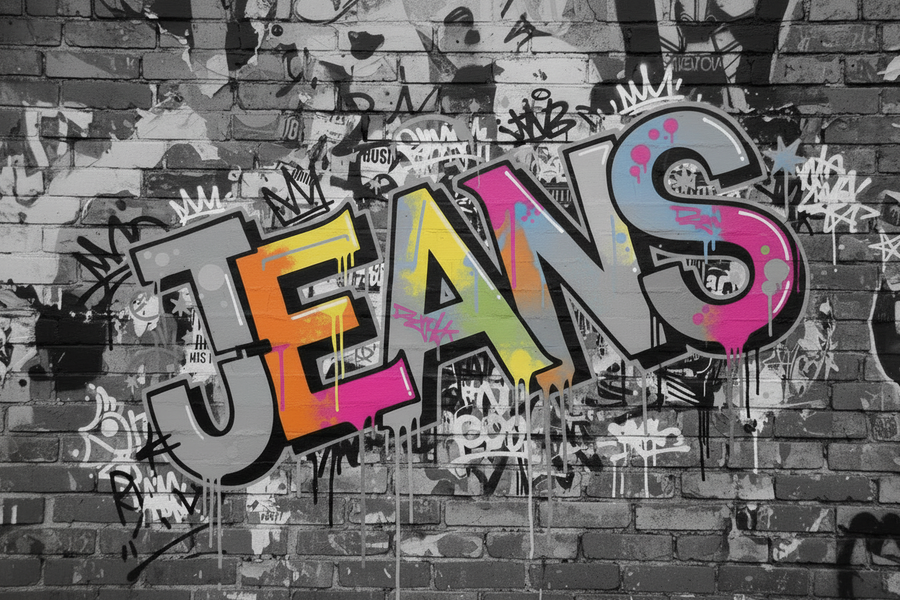 a graffiti style graphic that says JEANS
