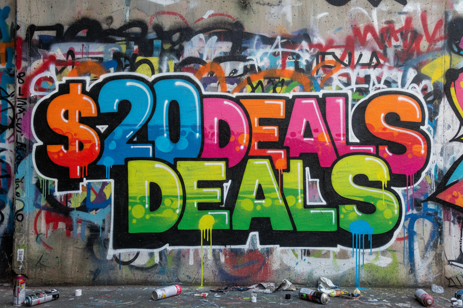 a grafitti style image that says "$20 Deals"