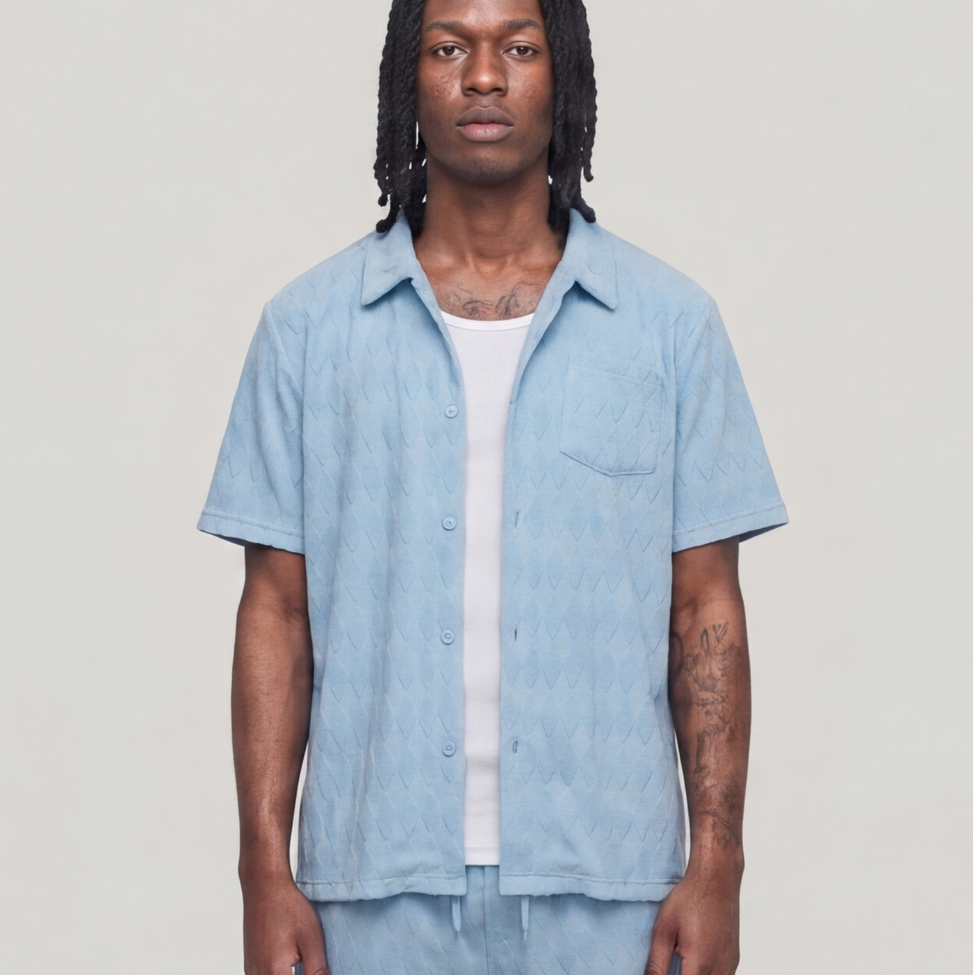Diamond Plate Towel Color Blocked Short Sleeve Button Down Shirt - Light Blue RSP-038