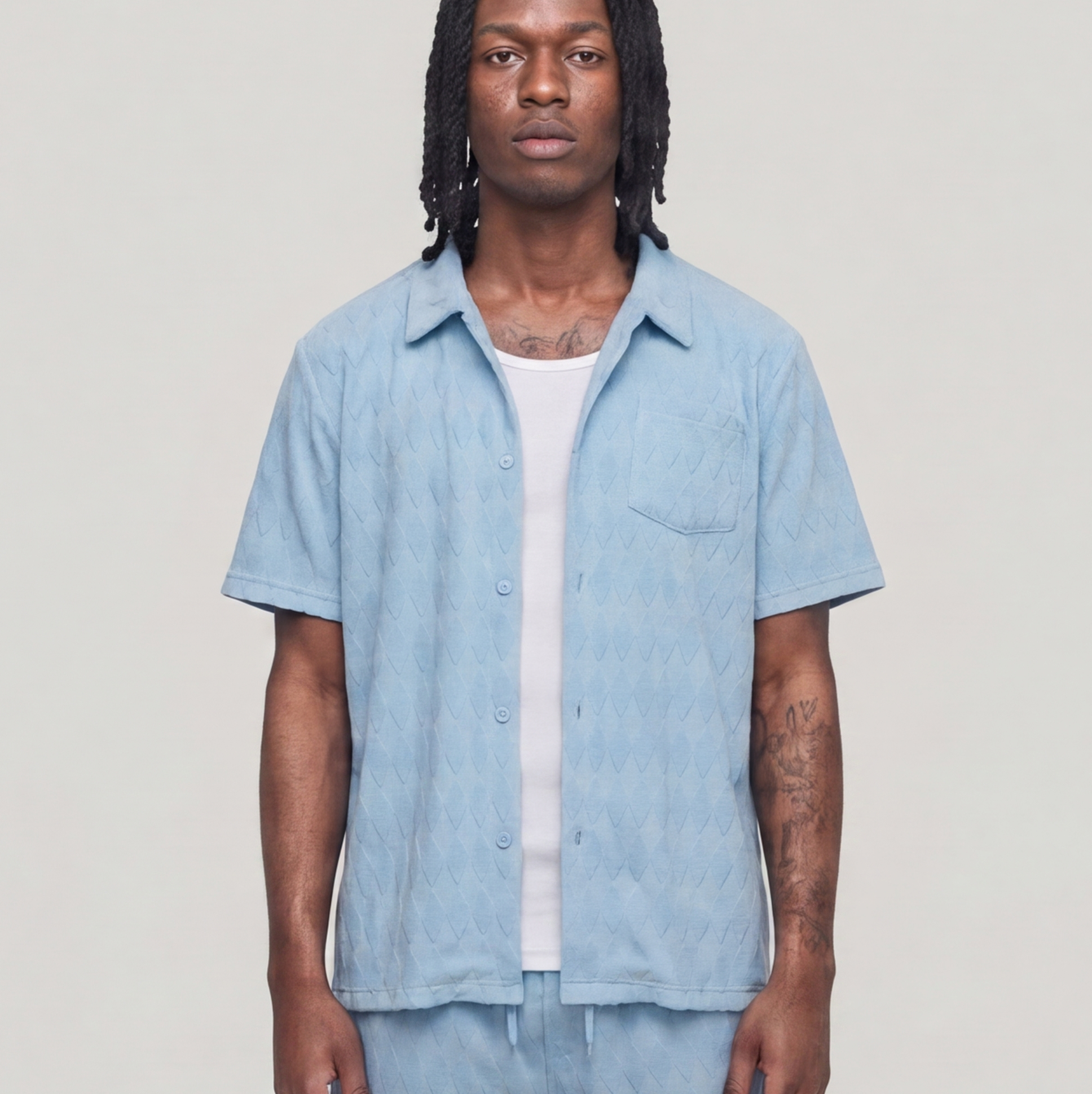 Diamond Plate Towel Color Blocked Short Sleeve Button Down Shirt - Light Blue RSP-038