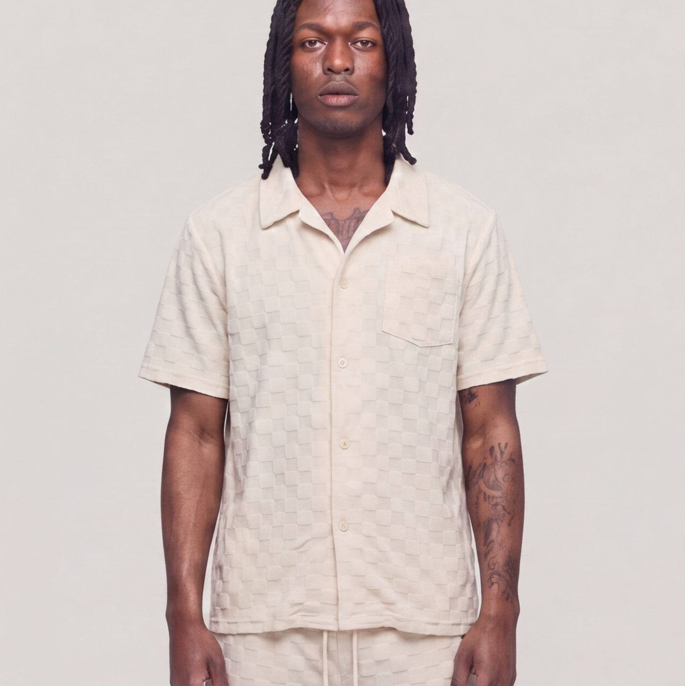Checkerboard Towel Color Blocked Short Sleeve Button Down Shirt CREAM RSP-040 CREAM