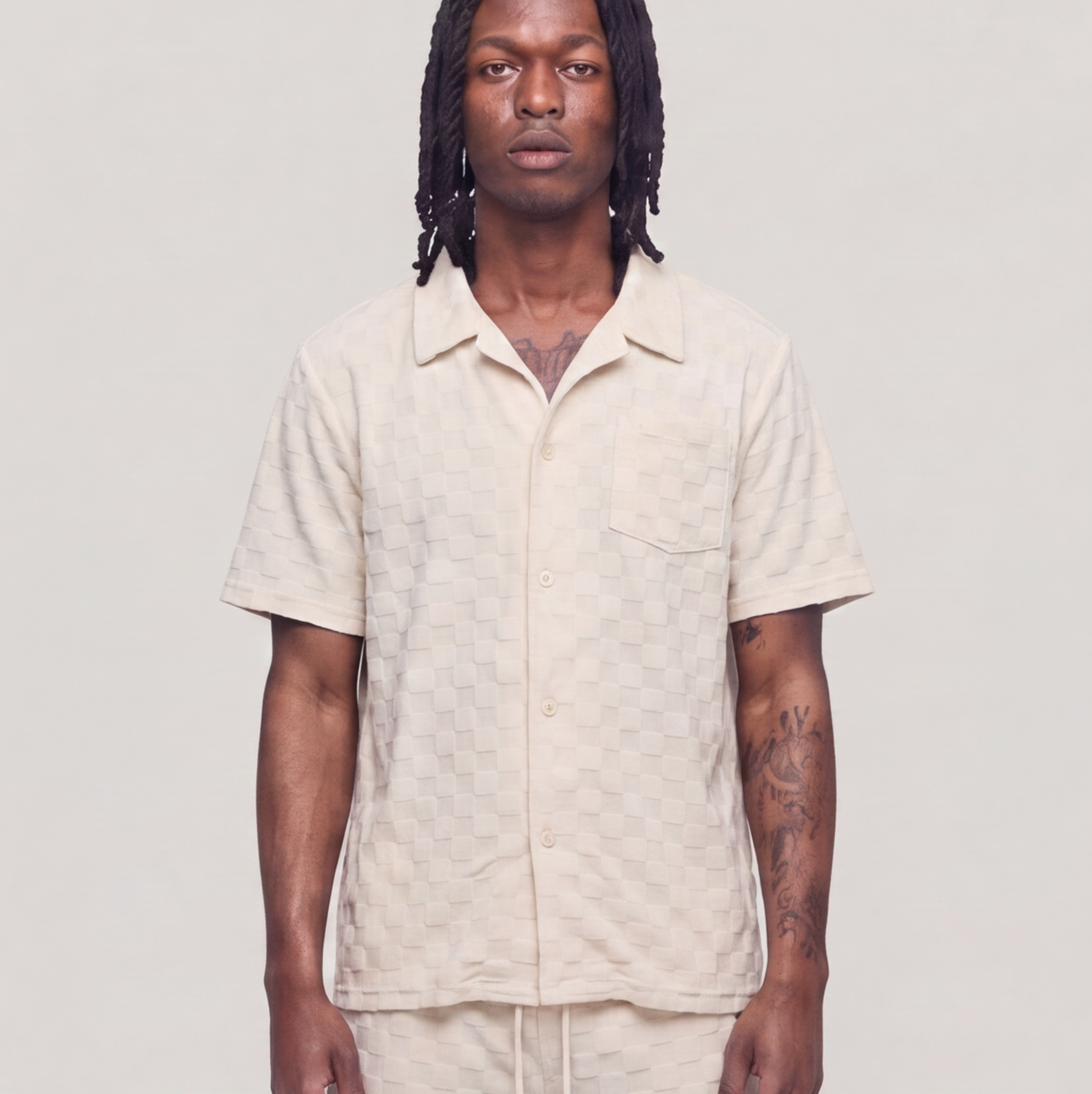 Checkerboard Towel Color Blocked Short Sleeve Button Down Shirt CREAM RSP-040 CREAM
