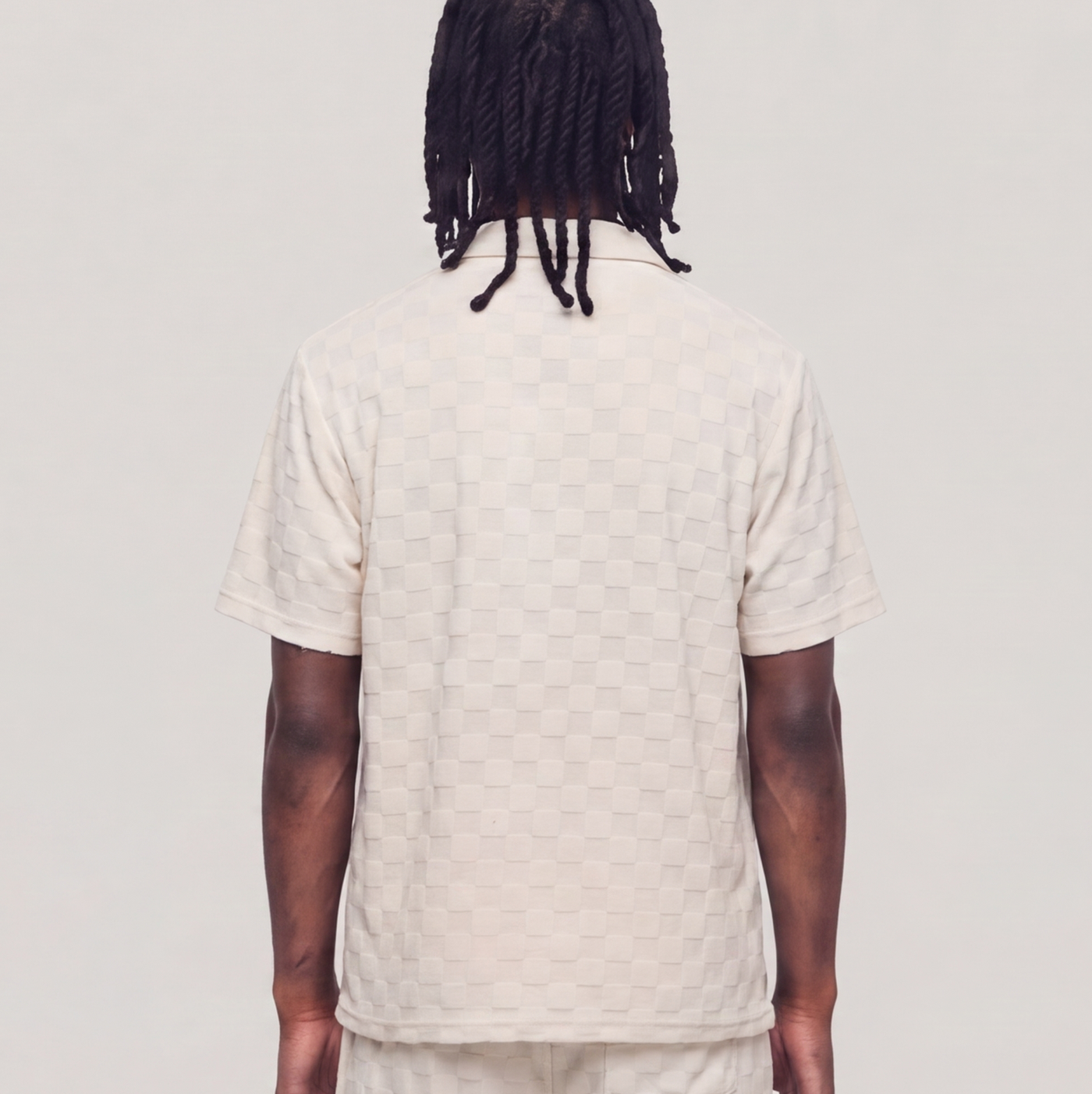 Checkerboard Towel Color Blocked Short Sleeve Button Down Shirt CREAM RSP-040 CREAM